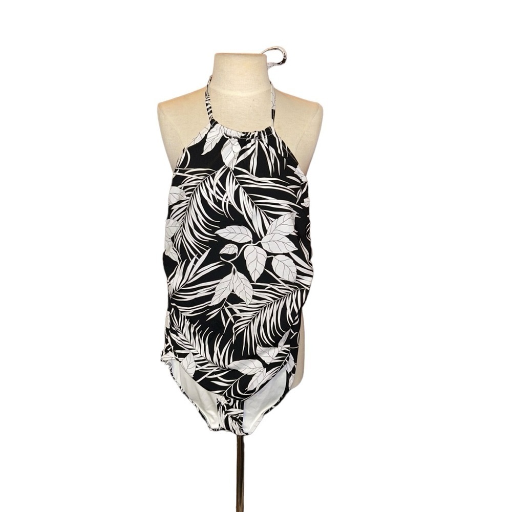 Lands end halter black white tropical palms swimsuit plus size 14 one piece